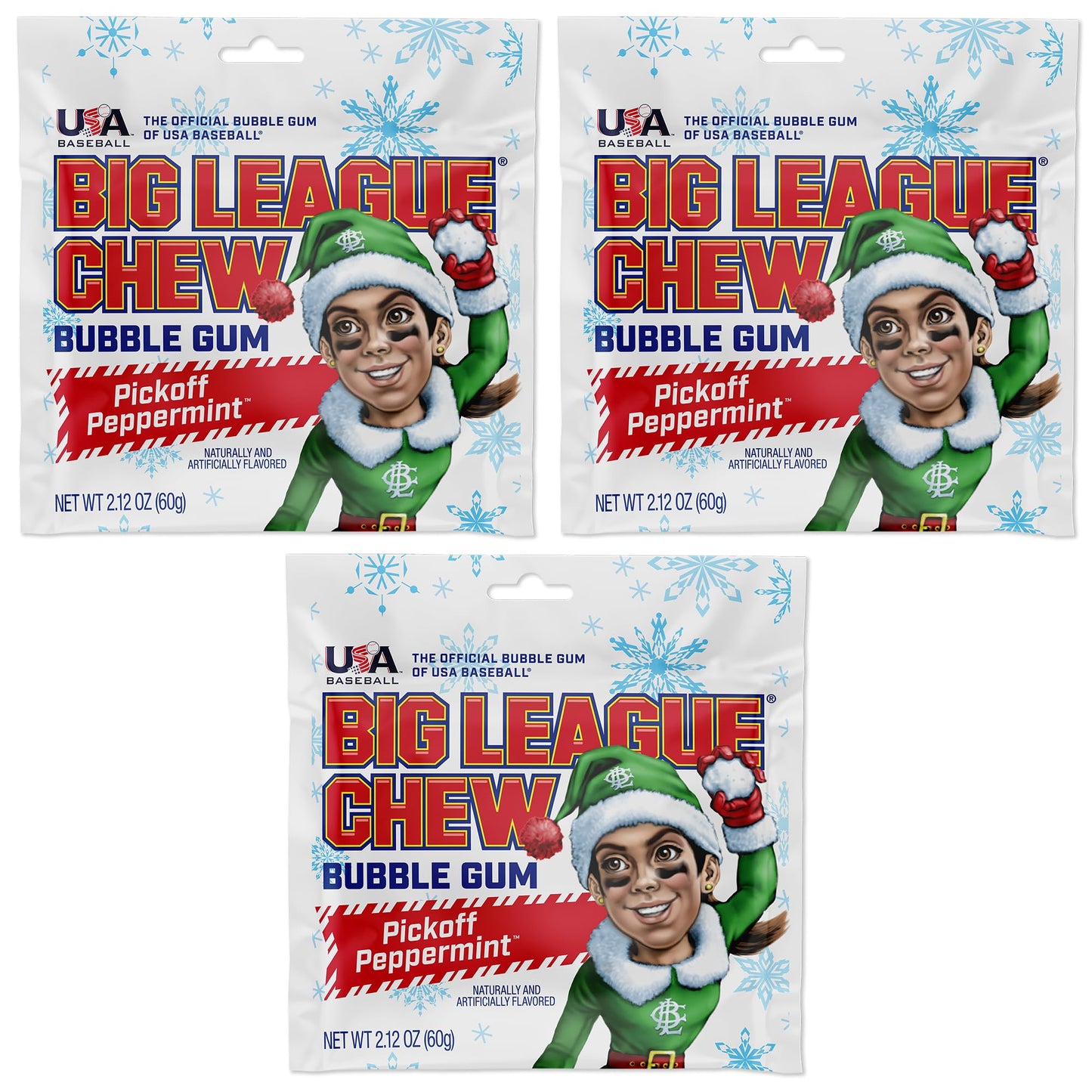Big League Chew Peppermint Bubble Gum 3-Pack - 2.12oz Packets - Baseball Treats and Party Favors