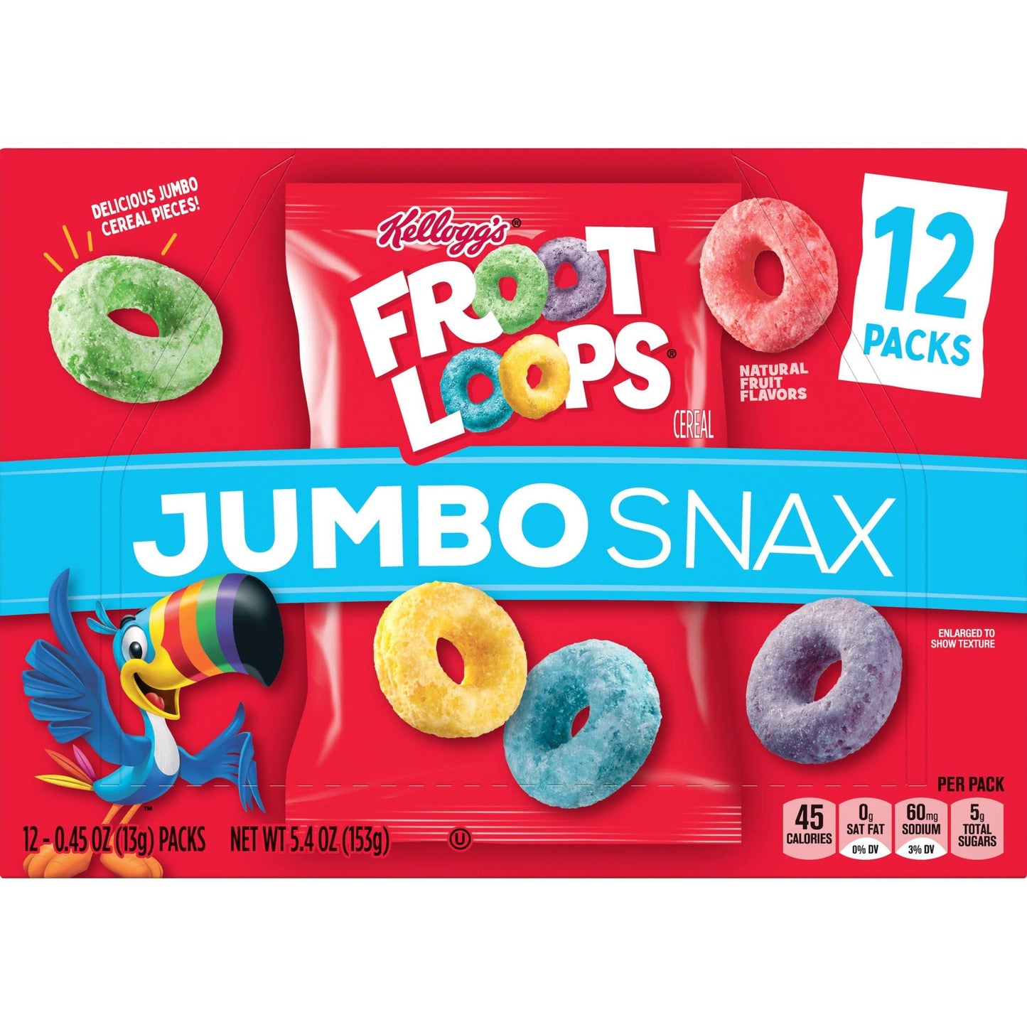 Froot Loops Jumbo Snax Cereal Snacks, Fruit Flavored, Original, 48 Pouches - Kids Snacks, Convenient & Delicious Treats