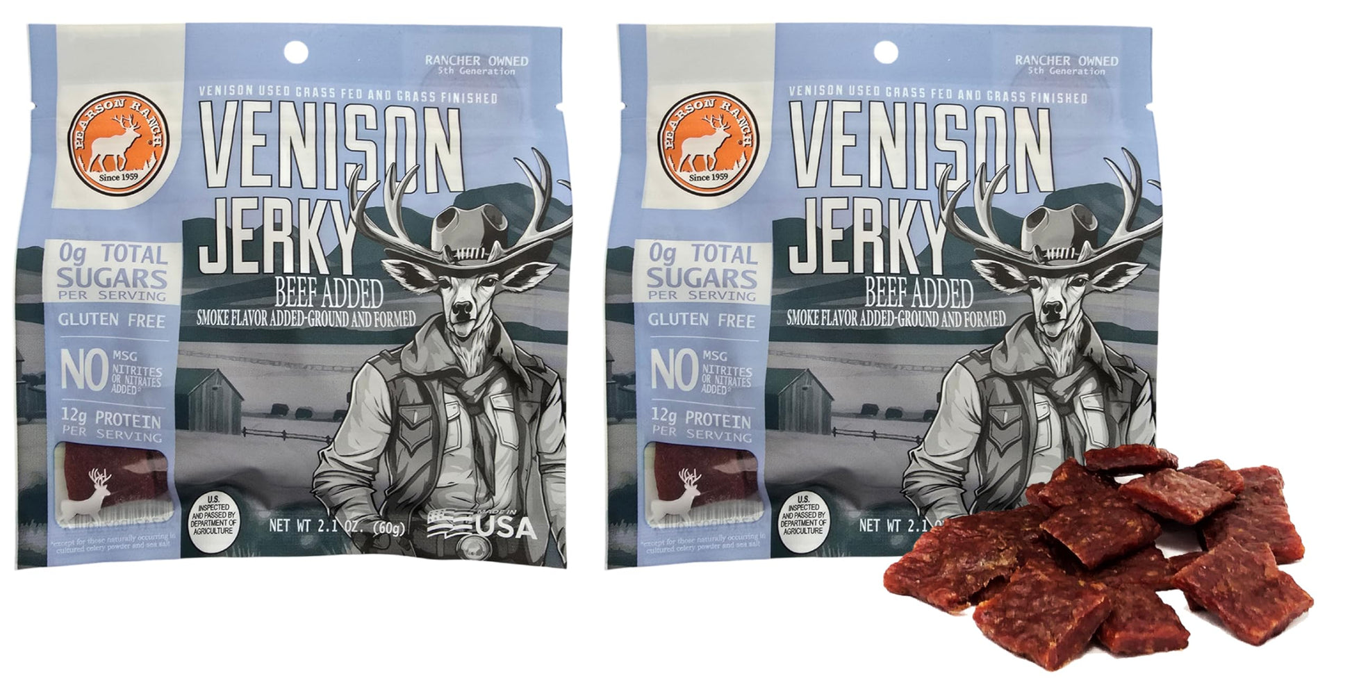 PEARSON RANCH SINCE 1959 Grass Fed Venison Jerky Pack of 2 Venison (Made with added Beef) - Low-Carb, Gluten-Free, No MSG, Paleo