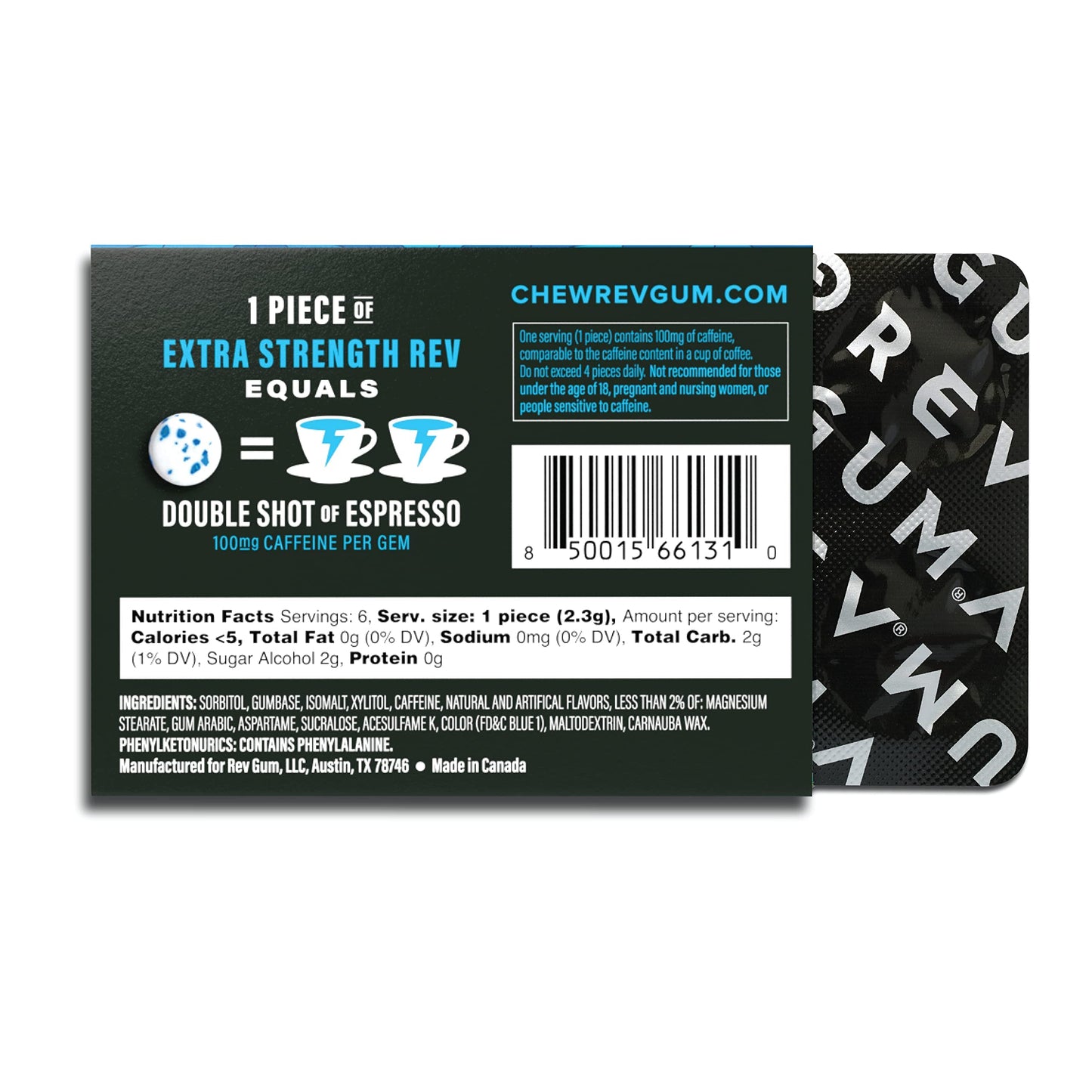 Rev Gum Caffeine Energy Gum | Extra Strength 100mg of Caffeine per Gem | Polar Mint Sugar Free Caffeine Gum - Low Calorie Chews to Help You Stay Alert  Awake and Focused - Mint Chewing Gum - 12 Packs