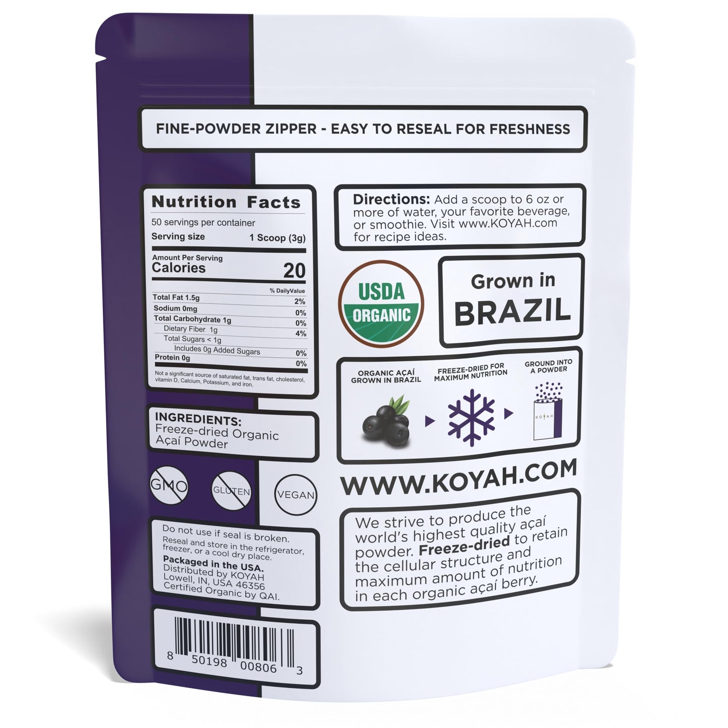 Koyah - Organic Acai Powder (150G - 50 Servings): Brazil Grown, Freeze-Dried, 100% Pure, No Citric Acid Added, Great In Smoothies And Bowls