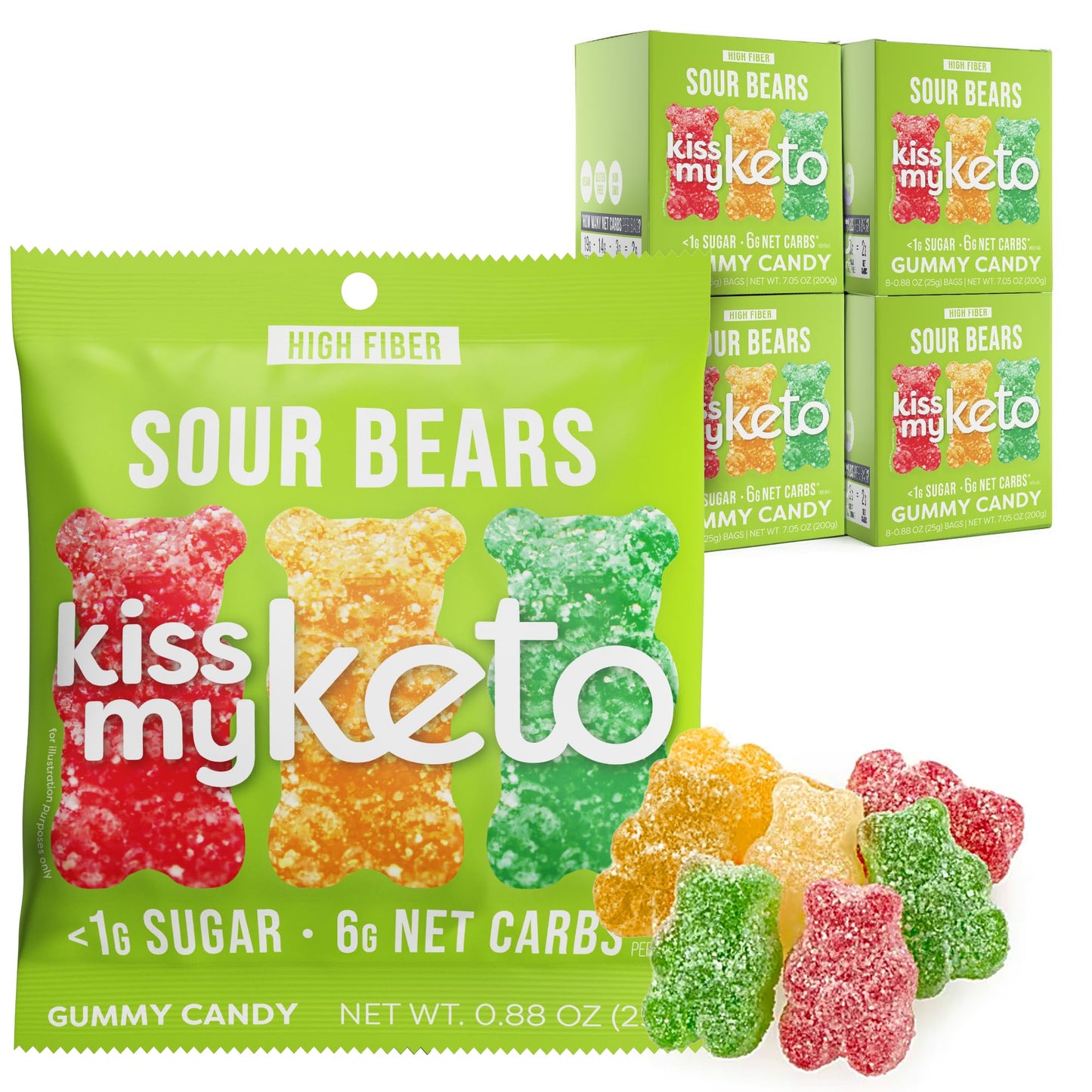 Kiss My Keto Gummies - Low Carb Sour Bears, Vegan Candy, Snack Pack, 32 Count