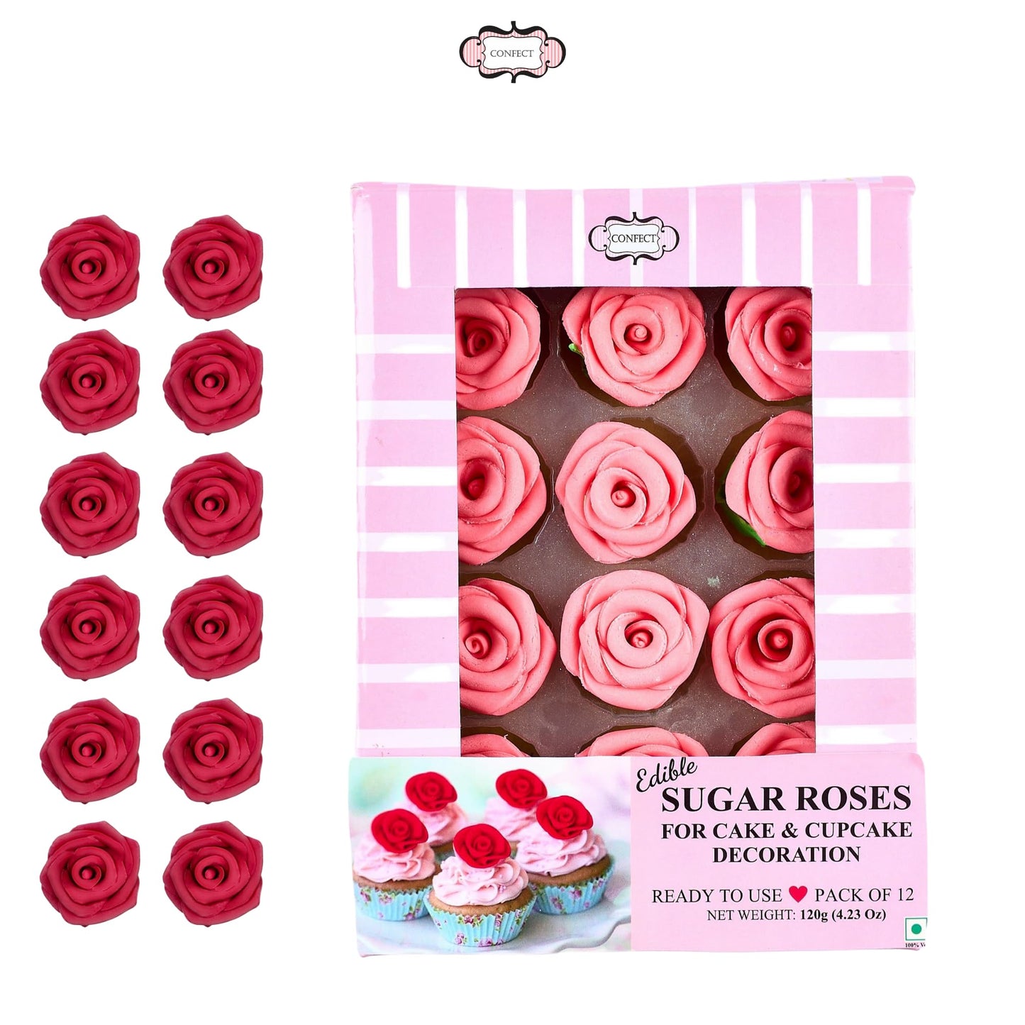 Confect Edible Rose Topper- French Rose Toppers - Pack Of 12 Pink French Roses For Cakes, Cupcakes & Donuts - Vegan, Dairy-Free,