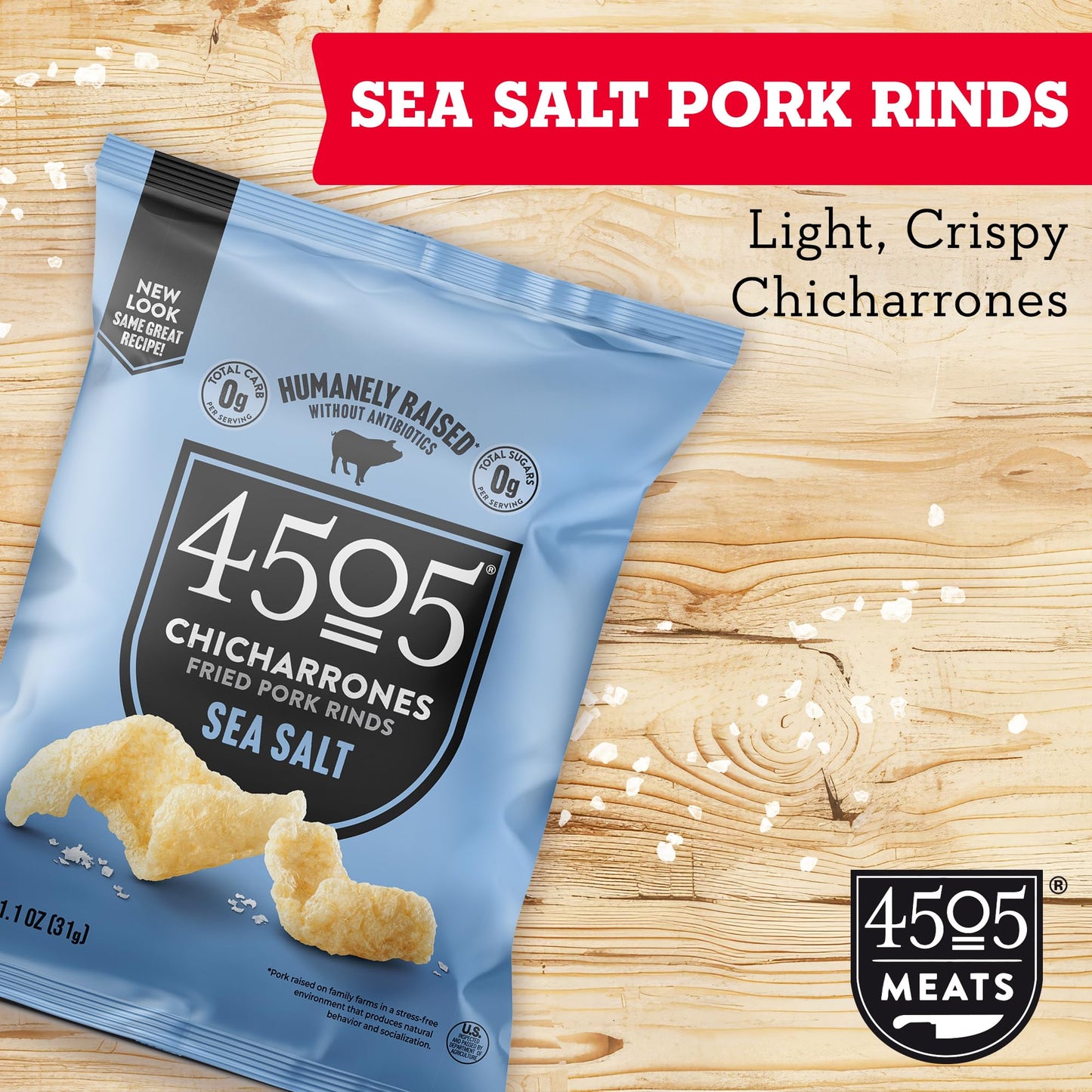 4505 Meats Pork Rinds, Sea Salt, 1.1 Oz (Pack of 12), Natural Flavor