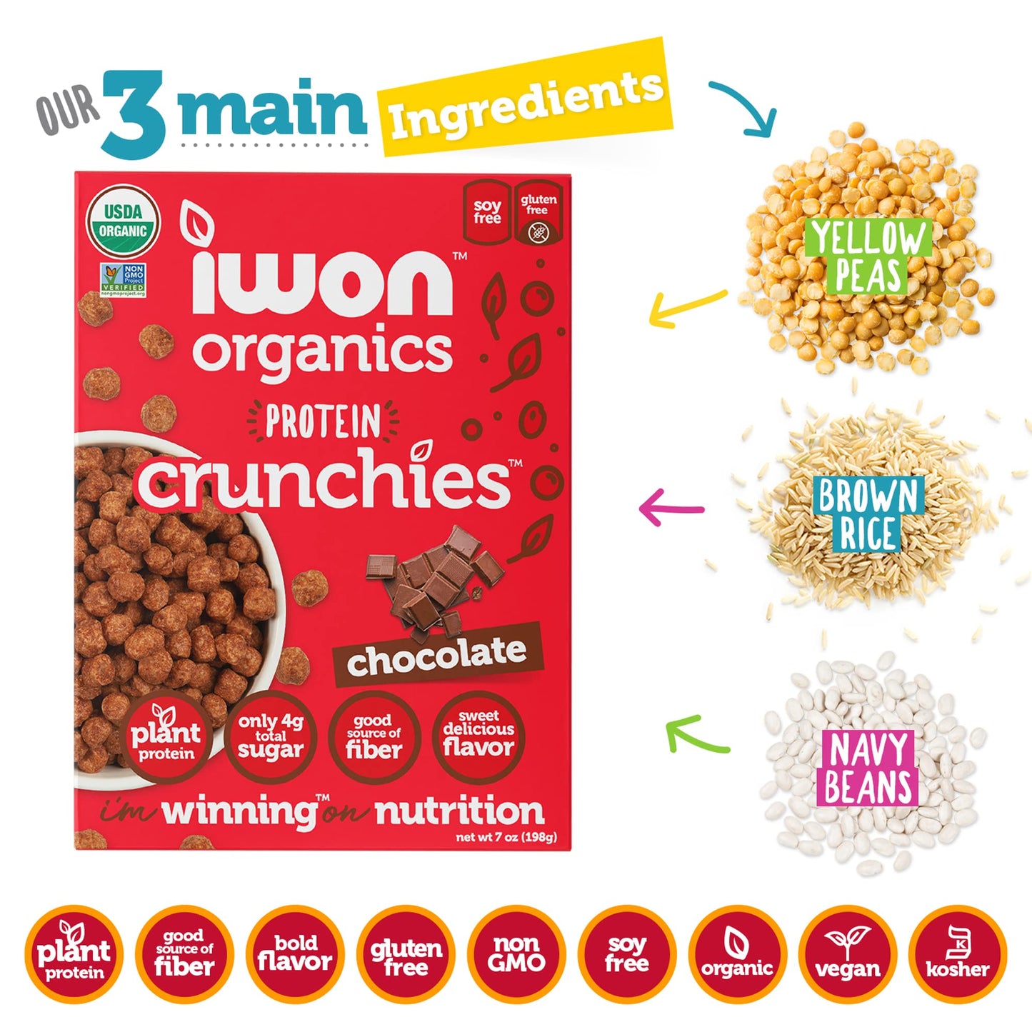 Iwon Organics Protein Crunchies - Plant-Based Protein Low Sugar Gluten & Dairy Free Non-Gmo Organic Breakfast Cereal - Chocolate