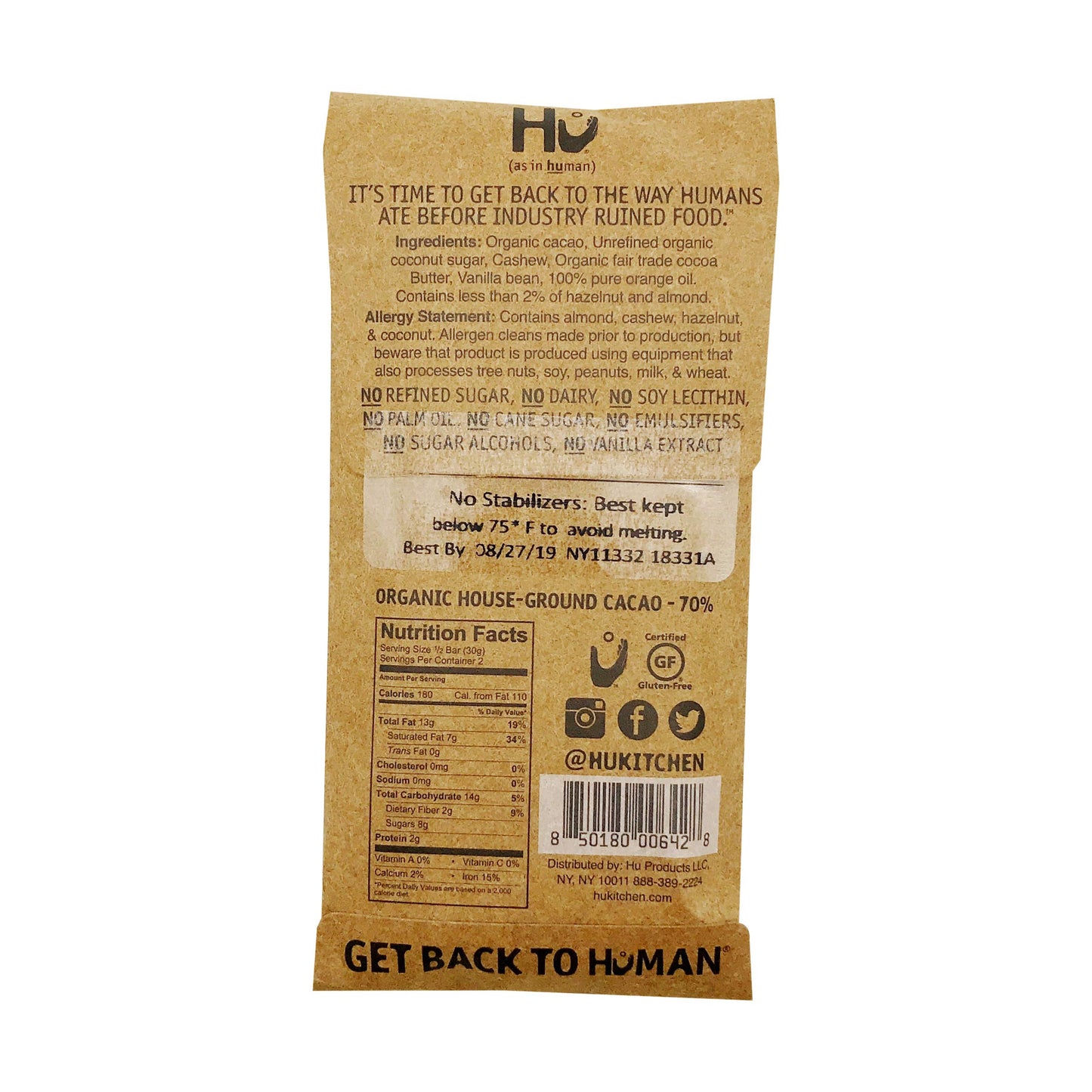 Hu Kitchen Organic Orange Cashew Butter Chocolate Bar, 2.1 Oz