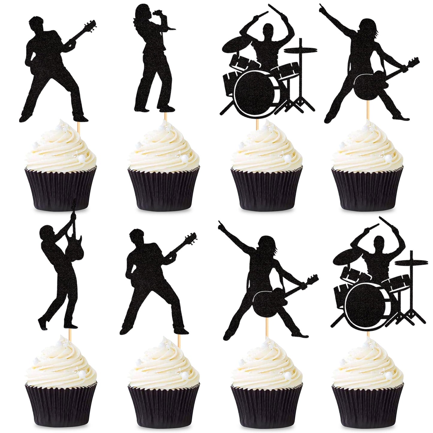 Ercadio 25 Pack Rock Band Cupcake Toppers Black Glitter Band Cupcake Picks Rock Pop Music Theme Cupcake Picks Music Concert Them