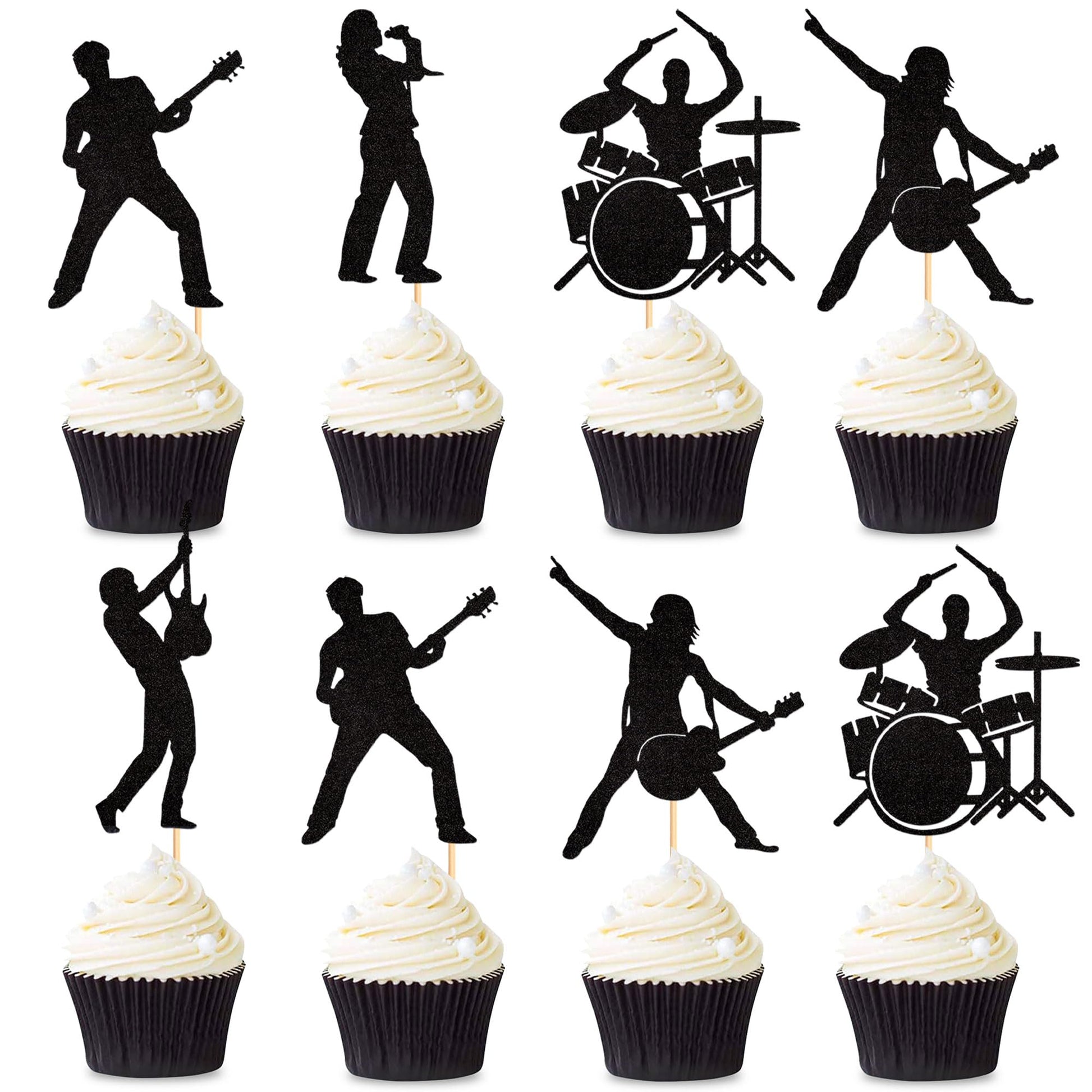 Ercadio 25 Pack Rock Band Cupcake Toppers Black Glitter Band Cupcake Picks Rock Pop Music Theme Cupcake Picks Music Concert Them