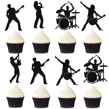 Ercadio 25 Pack Rock Band Cupcake Toppers Black Glitter Band Cupcake Picks Rock Pop Music Theme Cupcake Picks Music Concert Them