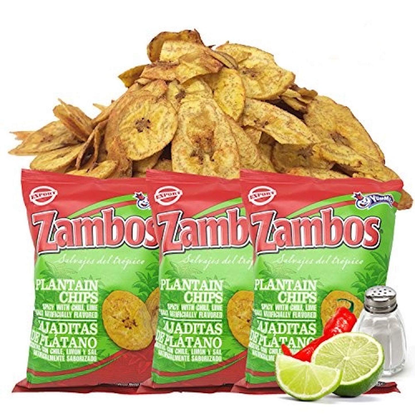 Zambos Plantain Chips: Spicy with Chili,Lime and Salt (Tajaditas de Pl  tano con Chile + Lim  n y Sal) Crunchy with spicy taste 