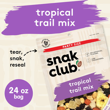 Snak Club Tropical Trail Mix with Peanuts  Dried Papaya  Raisins  Banana Chips  Dried Pineapple  Coconut Chips  and Almonds  Gluten-Free and Kosher Snack  24 oz Resealable Bag