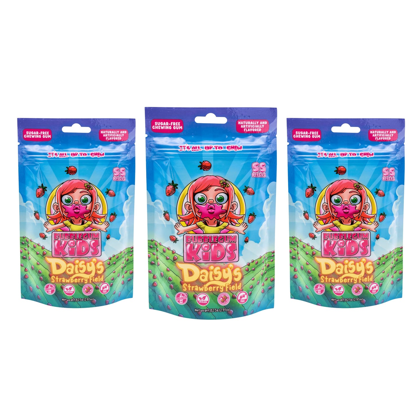 Bubblegum Kids Sugar Free Gum - Vegan Friendly Strawberry Flavor - 55 Count (Pack of 3) - Retro Easter Basket Stuffers