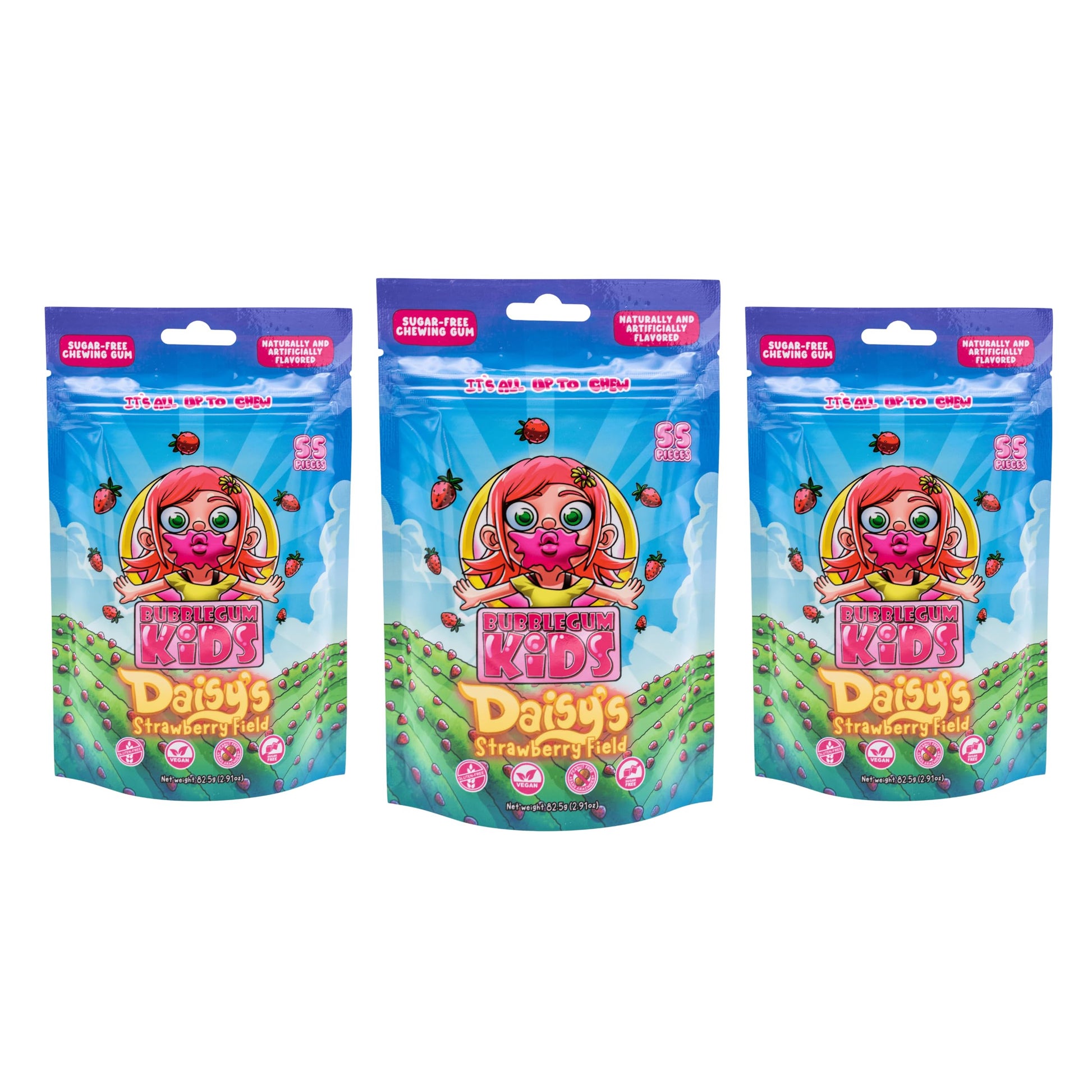 Bubblegum Kids Sugar Free Gum - Vegan Friendly Strawberry Flavor - 55 Count (Pack of 3) - Retro Easter Basket Stuffers