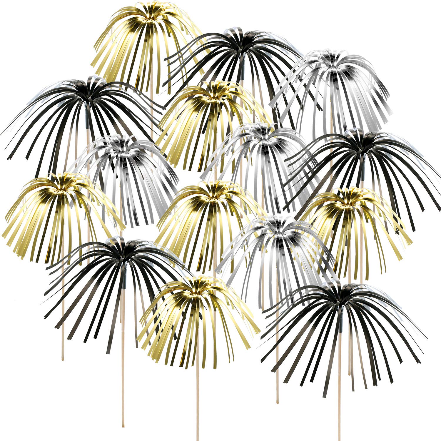 TecUnite Firework Cupcake Toppers, 100 Count, 9 Inch, Black/Gold/Silver, Graduation & Halloween Party Decorations