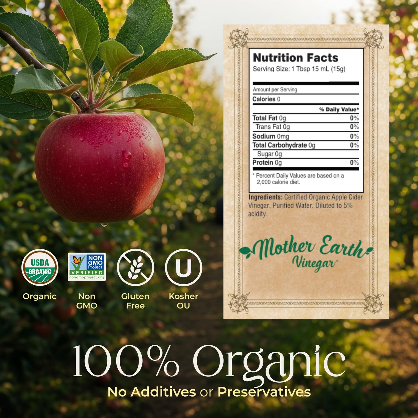 Mother Earth Vinegar Organic Apple Cider Vinegar with The Mother, Raw & Unfiltered, 64 Fl Oz