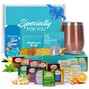 Modern Elegance Tea Gift Basket - 28 Piece Set with 15 Unique Blends, Honey Sticks, Stainless Tumbler, Rose Gold