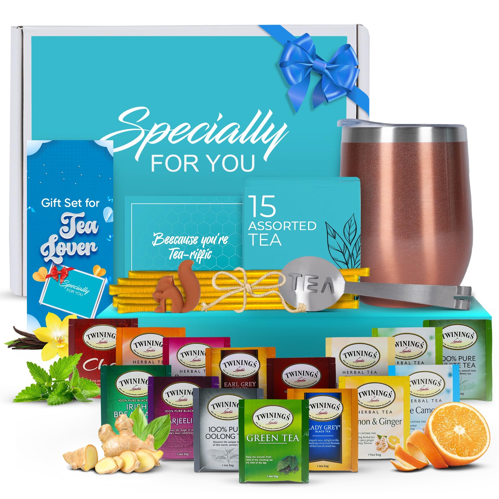 Modern Elegance Tea Gift Basket - 28 Piece Set with 15 Unique Blends, Honey Sticks, Stainless Tumbler, Rose Gold