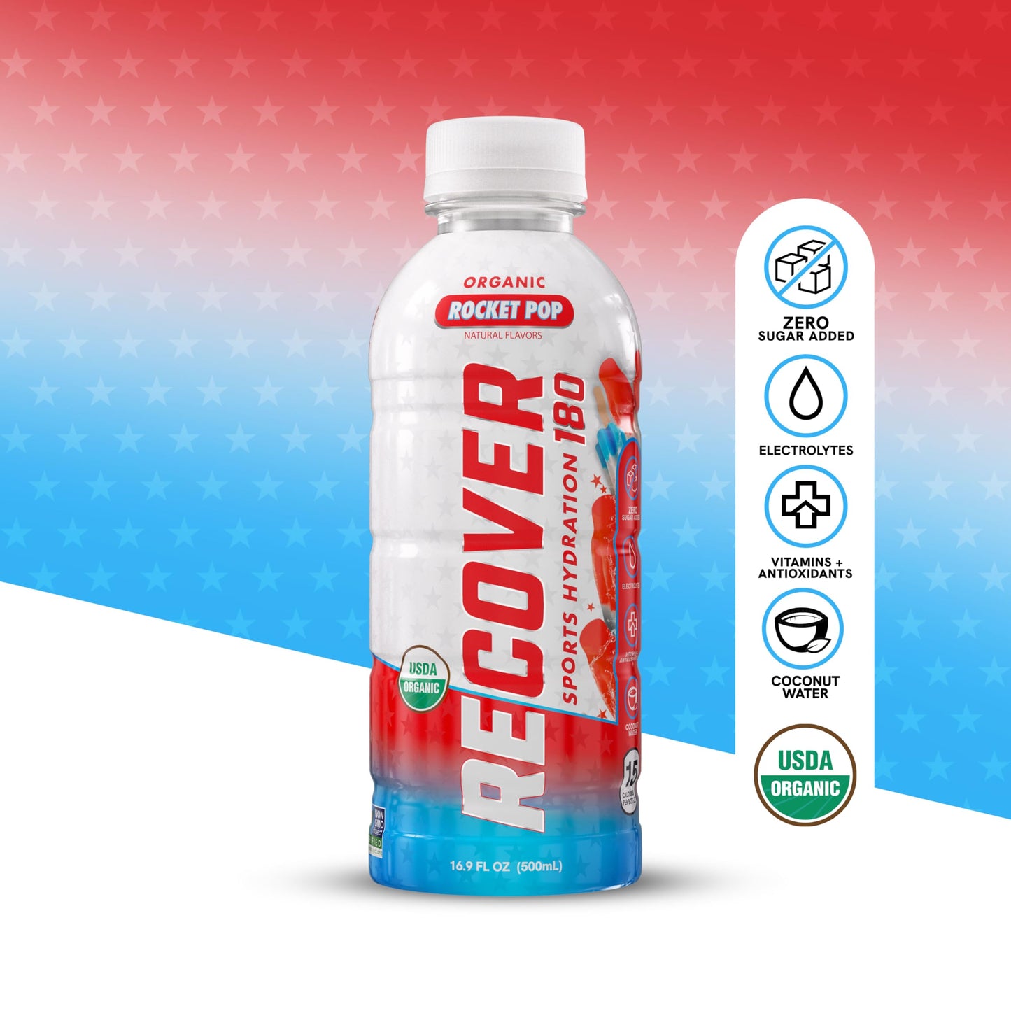 RECOVER 180 Organic Sports Hydration Drink, No Sugar, 20 Calories, Electrolytes, 16.9 Fl Oz (Pack of 12), Rocket Pop Flavor