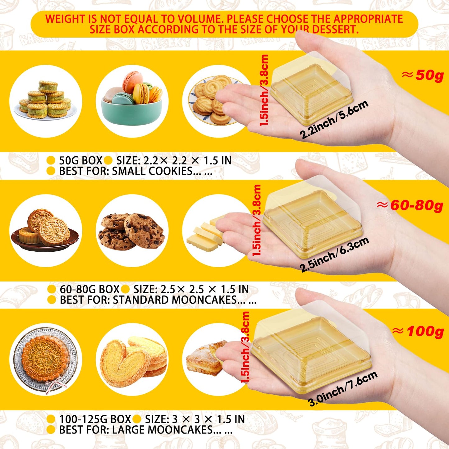 BenRan Mooncake Box Set for 50g/63g/75g/100g/125g - Gold (50 Sets), Polyethylene, Model MCC03