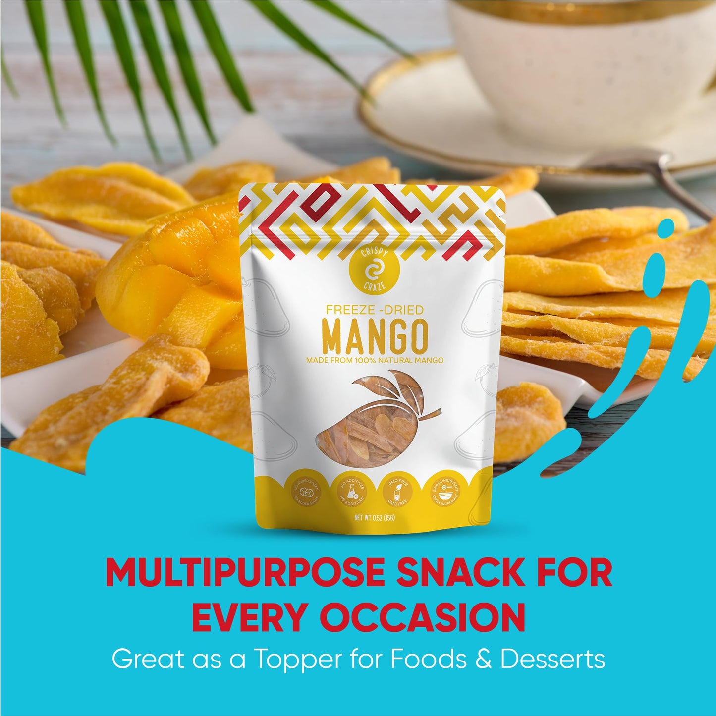 Crispy Craze Freeze Dried Mango (24 Snack Sized Bags, 0.52 Oz Each), Sliced Mango Fruit Crisps, Non Gmo, Healthy Snack, No Added