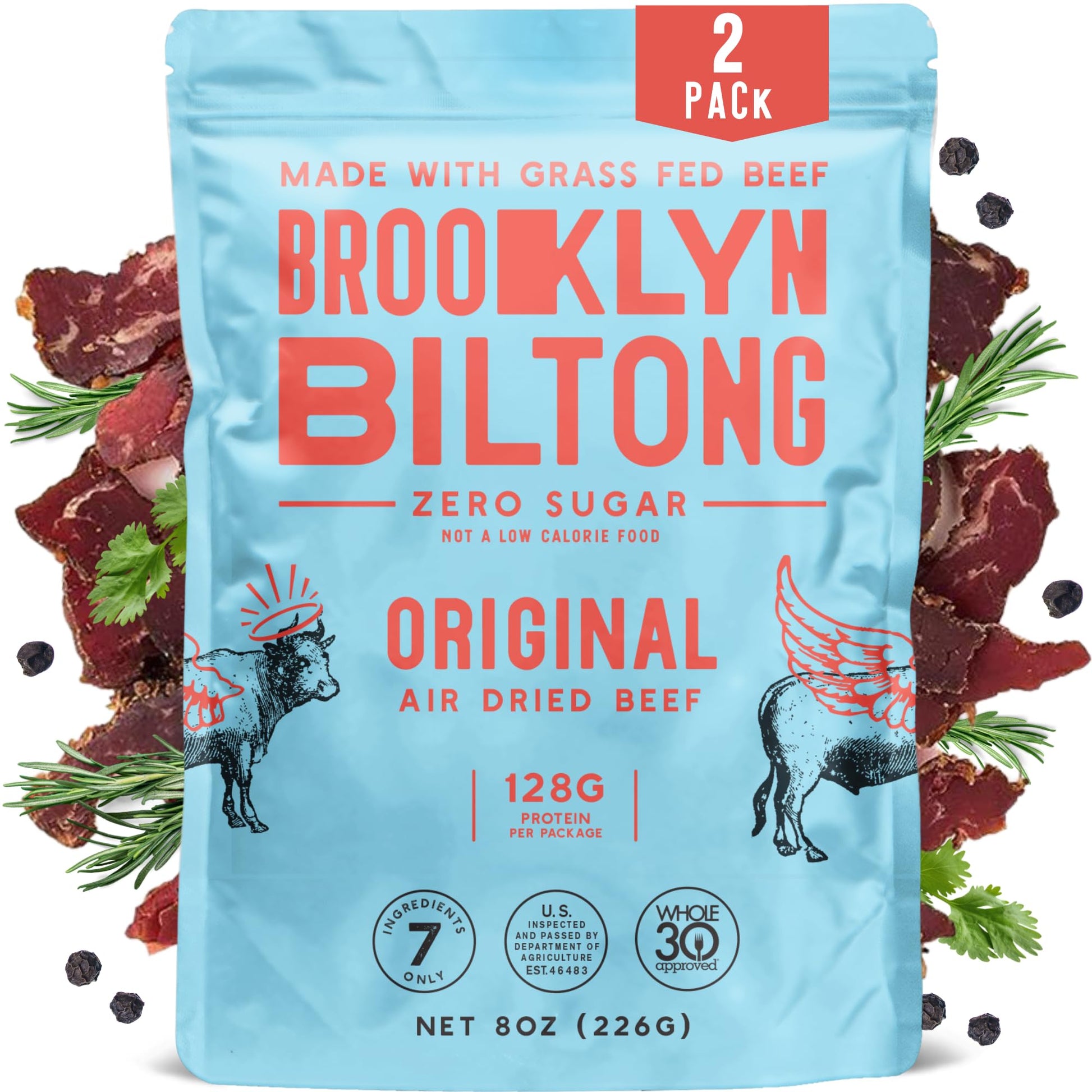 Brooklyn Biltong Air Dried Beef Snack, Whole30 Approved, Keto, Gluten Free, Sugar Free, 8 oz, Pack of 2