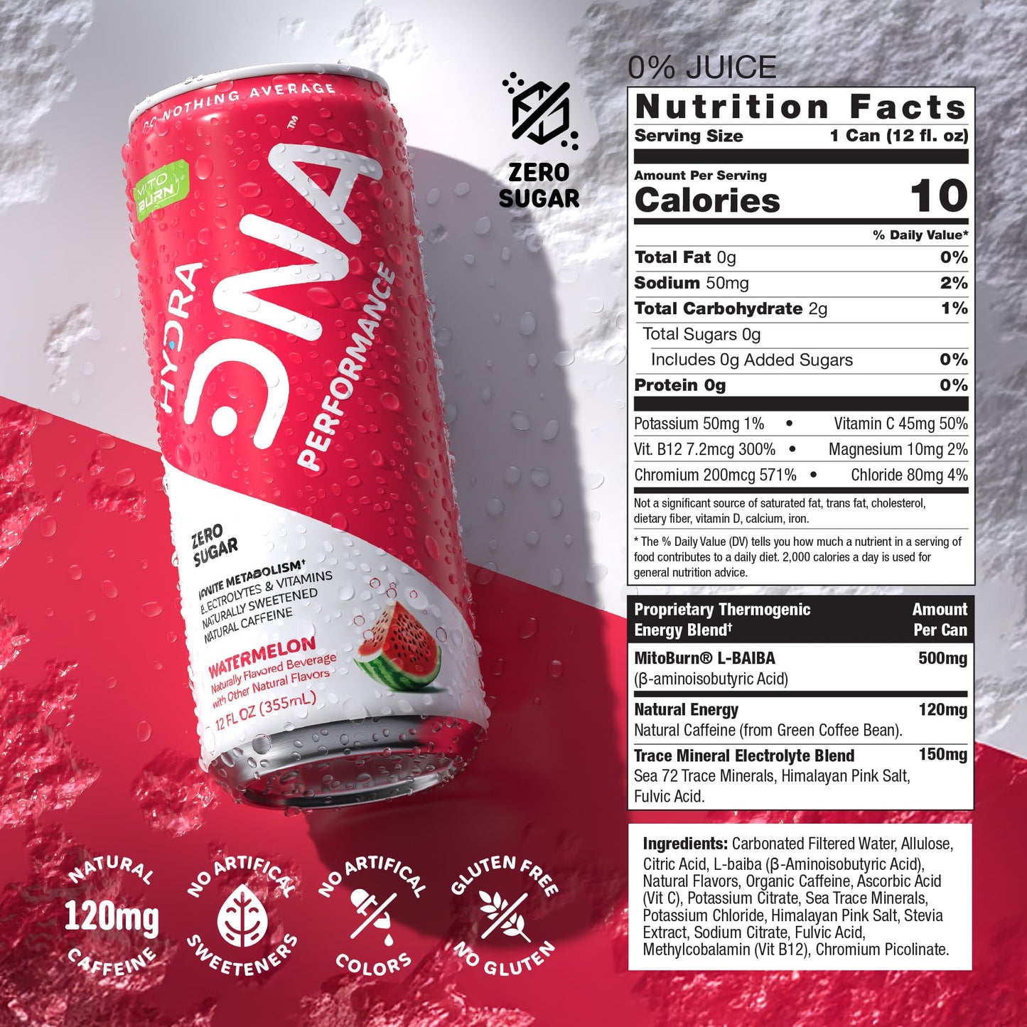 HYDRADNA Clean Performance Drink, Zero Sugar, 120 mg Organic Caffeine, Watermelon, 12 Fl Oz (Pack of 12)