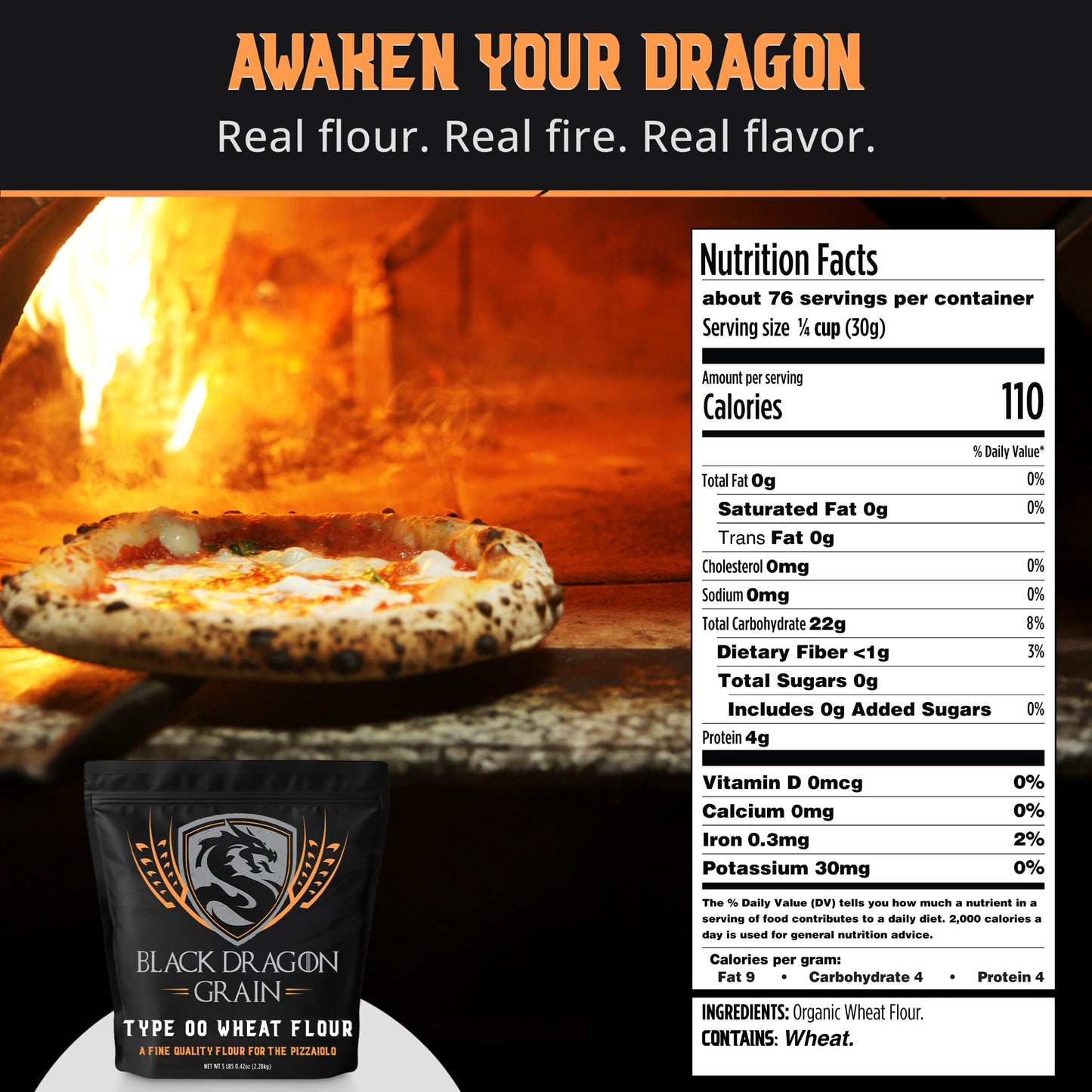 Black Dragon Grain Type 00 Wheat Flour, Organic Hard Red Winter, 5LB Bag (80 Ounce)