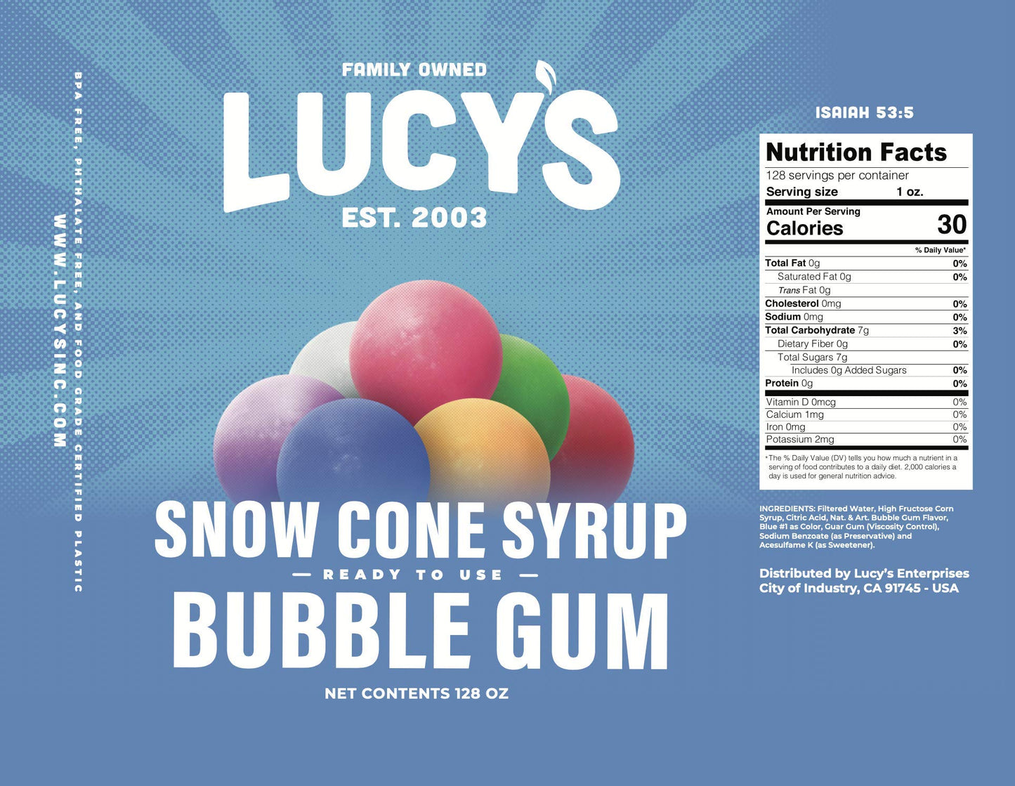Lucy s Family Owned - Shaved Ice Snow Cone Syrup, Bubble Gum - 1 Gallon (128oz)