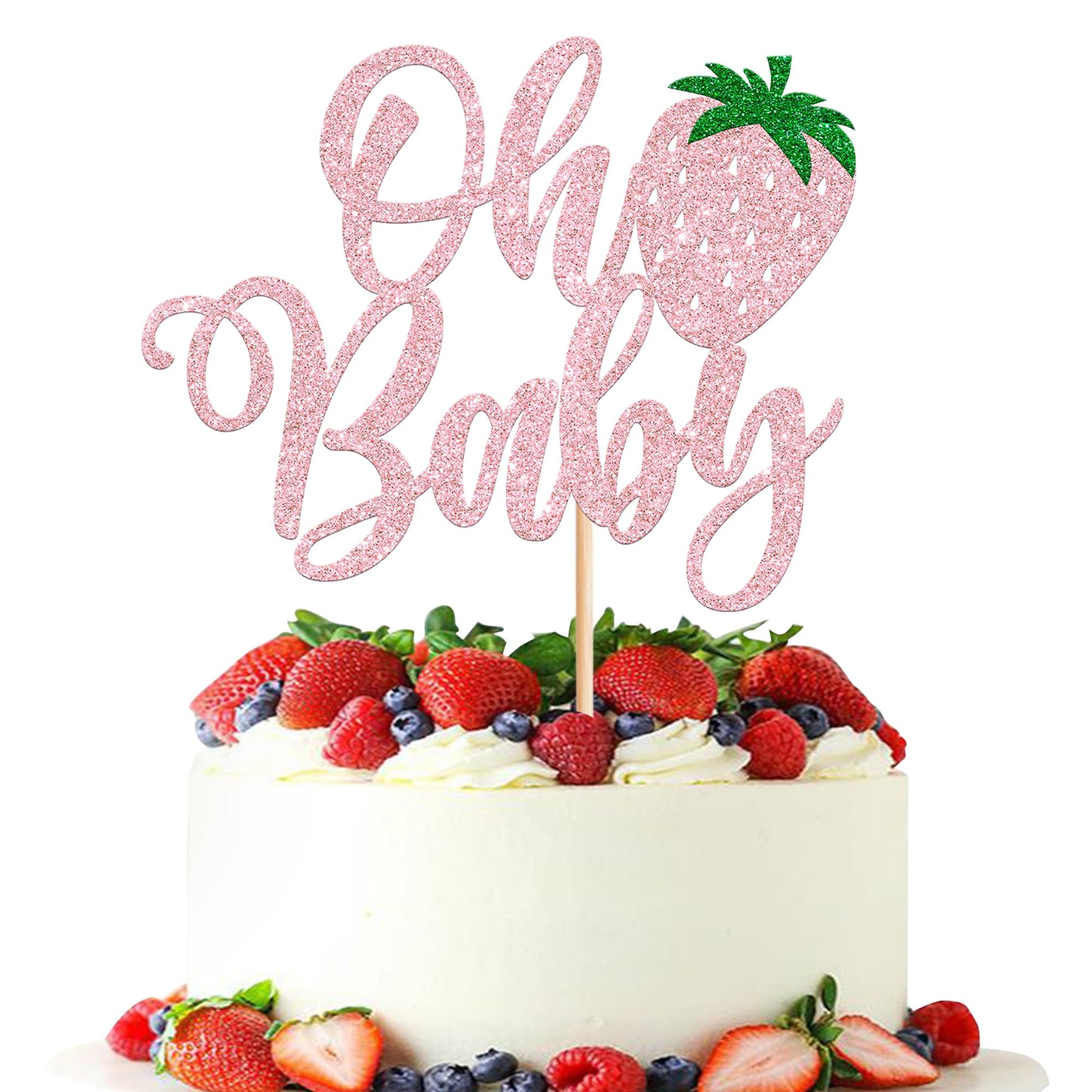 YCTHUNFISH Cake Topper, Glitter Strawberry Design, Paper, Pink, Ideal for Baby Shower or Kids Birthday Parties