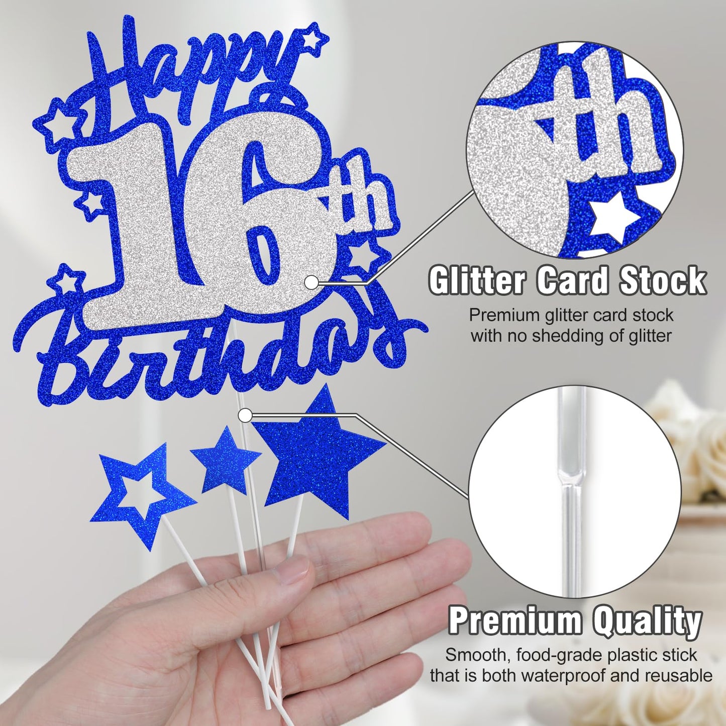 Happy 16Th Birthday Cake Topper, Blue And Silver Glitter Cake Toppers, 16 Year Birthday Party Cake Decoration