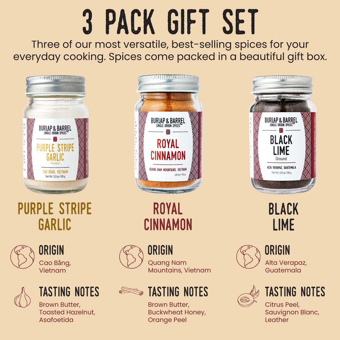 Burlap & Barrel Spice Gift Set – 3 Full-Size Jars (2.6 Oz Each) – Includes Cinnamon, Garlic & Lime Seasonings
