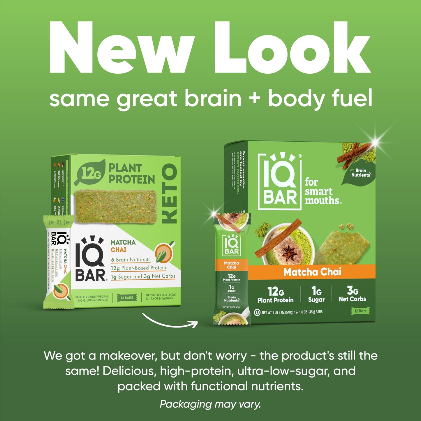 Iqbar Brain And Body Plant Protein Bars - Matcha Chai - 12 Count, Low Carb, High Fiber, Gluten Free, Healthy Vegan Snacks - Low