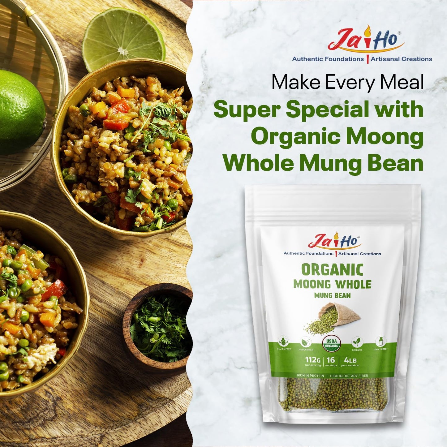 Jai Ho Organic Moong Beans - Whole Mung Beans for Sprouting & Cooking - 64 oz - Non-GMO, Chemical-Free, Kosher