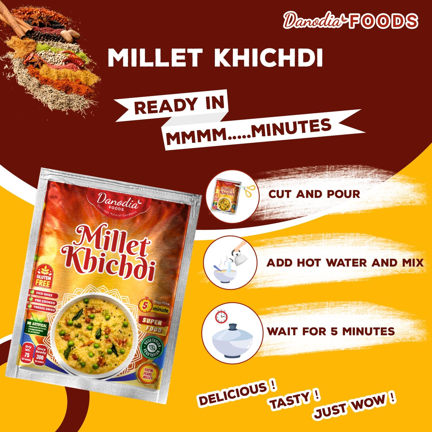 Danodia Foods Ready-To-Make Pearl Millet Khichdi, Pre-Cooked & Freeze-Dried (4Oz) | Instant Meal, Just Add Hot Water | Made With
