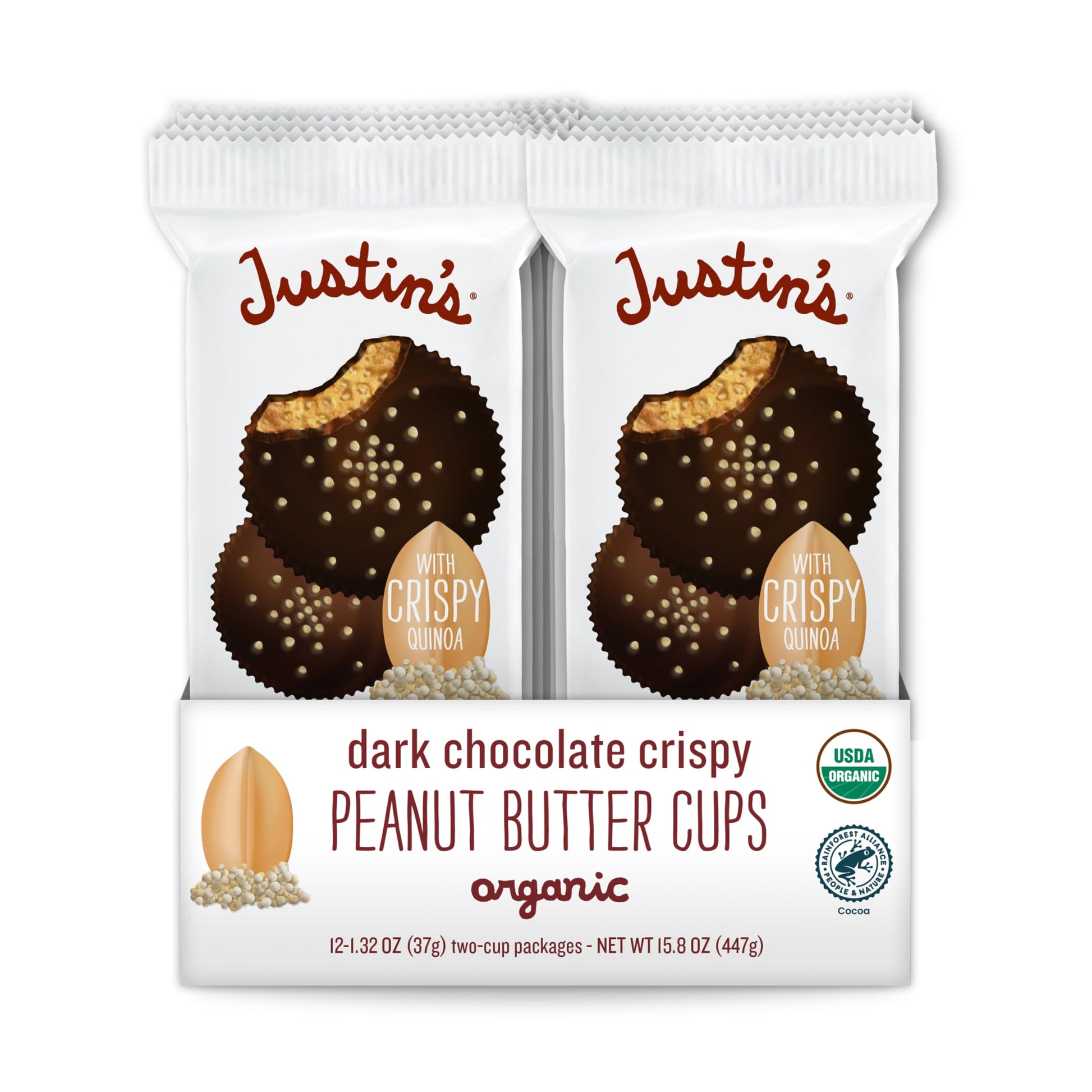 Justins's Organic Crispy Dark Chocolate Peanut Butter Cups, Rainforest Alliance Certified Cocoa, Gluten-free, Responsibly Source