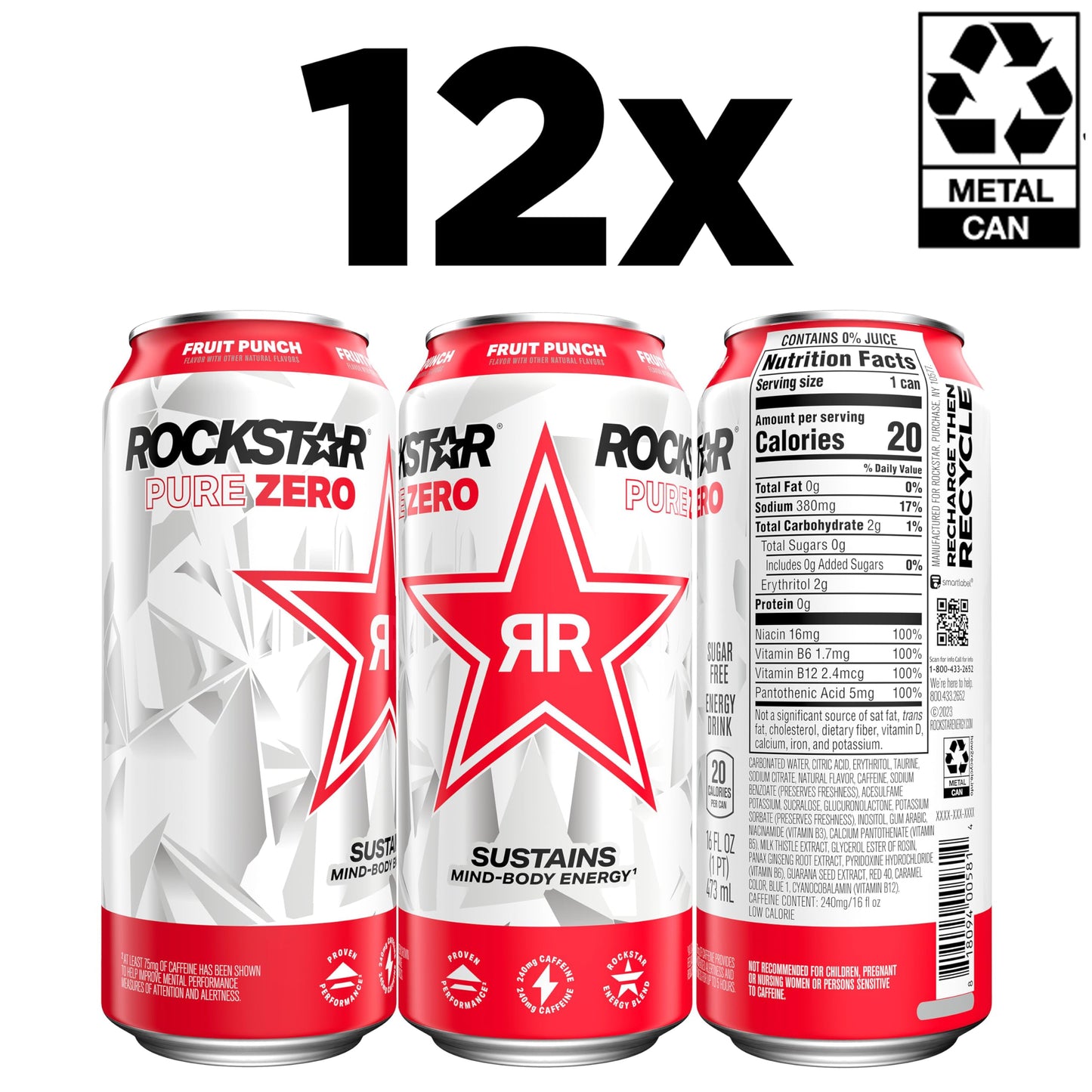 Rockstar Pure Zero Energy Drink, Fruit Punch, 0 Sugar, Caffeine & Taurine, 16oz Cans, 12 Pack