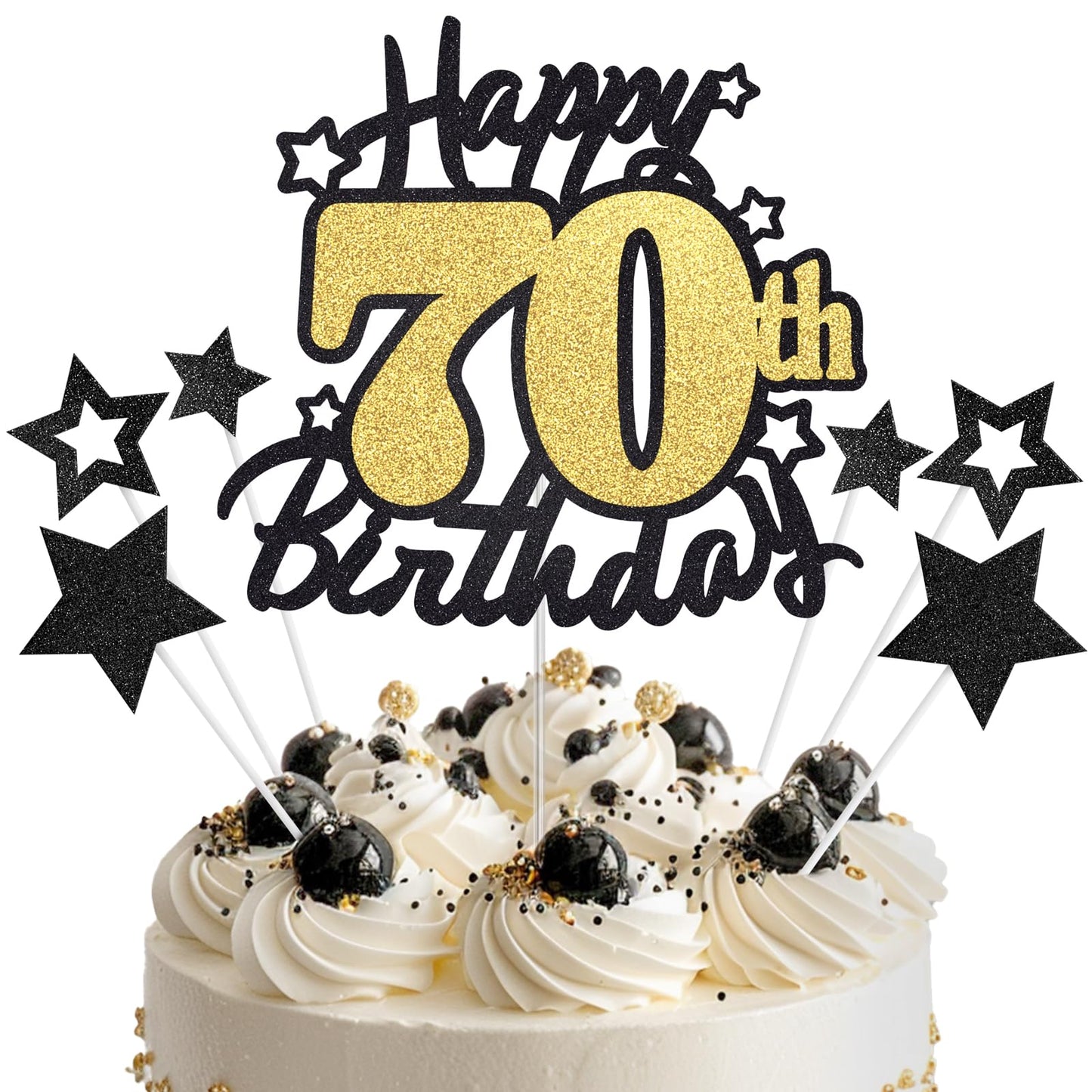 Happy 70th Birthday Cake Topper, Black and Gold Glitter Cake Toppers, 70 Year Birthday Party Cake Decoration