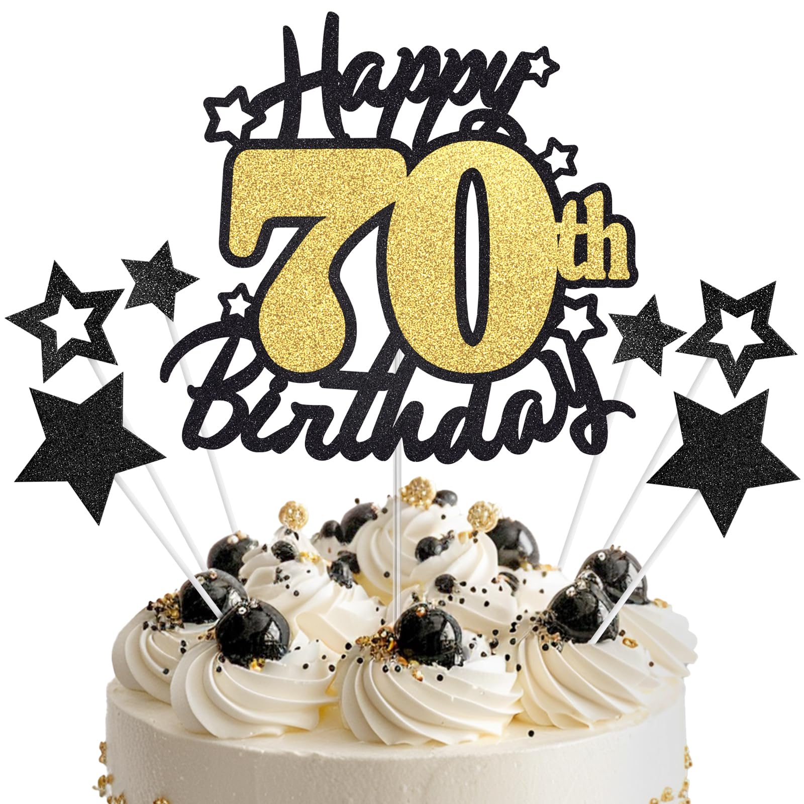 Happy 70th Birthday Cake Topper, Black and Gold Glitter Cake Toppers, 70 Year Birthday Party Cake Decoration