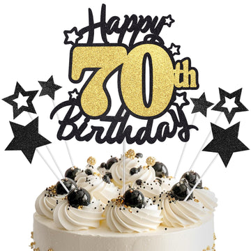 Happy 70th Birthday Cake Topper, Black and Gold Glitter Cake Toppers, 70 Year Birthday Party Cake Decoration