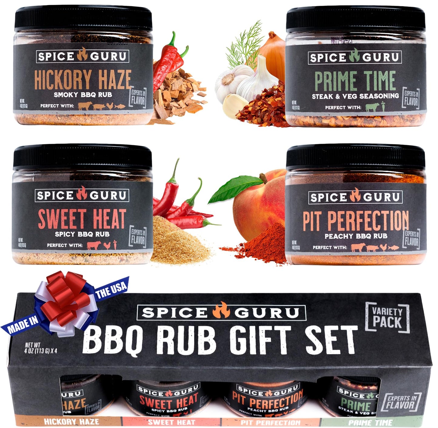 Spice Guru BBQ Rub Set - 4 Flavor Seasoning Rubs - 4 Ounce Pack - Great Grilling Gifts for Men