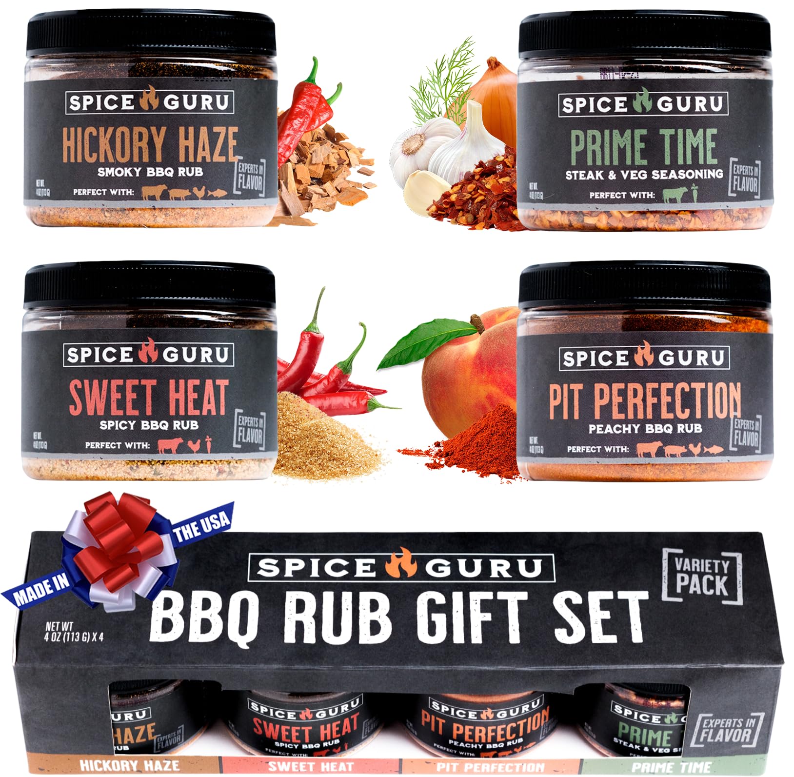 Spice Guru BBQ Rub Set - 4 Flavor Seasoning Rubs - 4 Ounce Pack - Great Grilling Gifts for Men