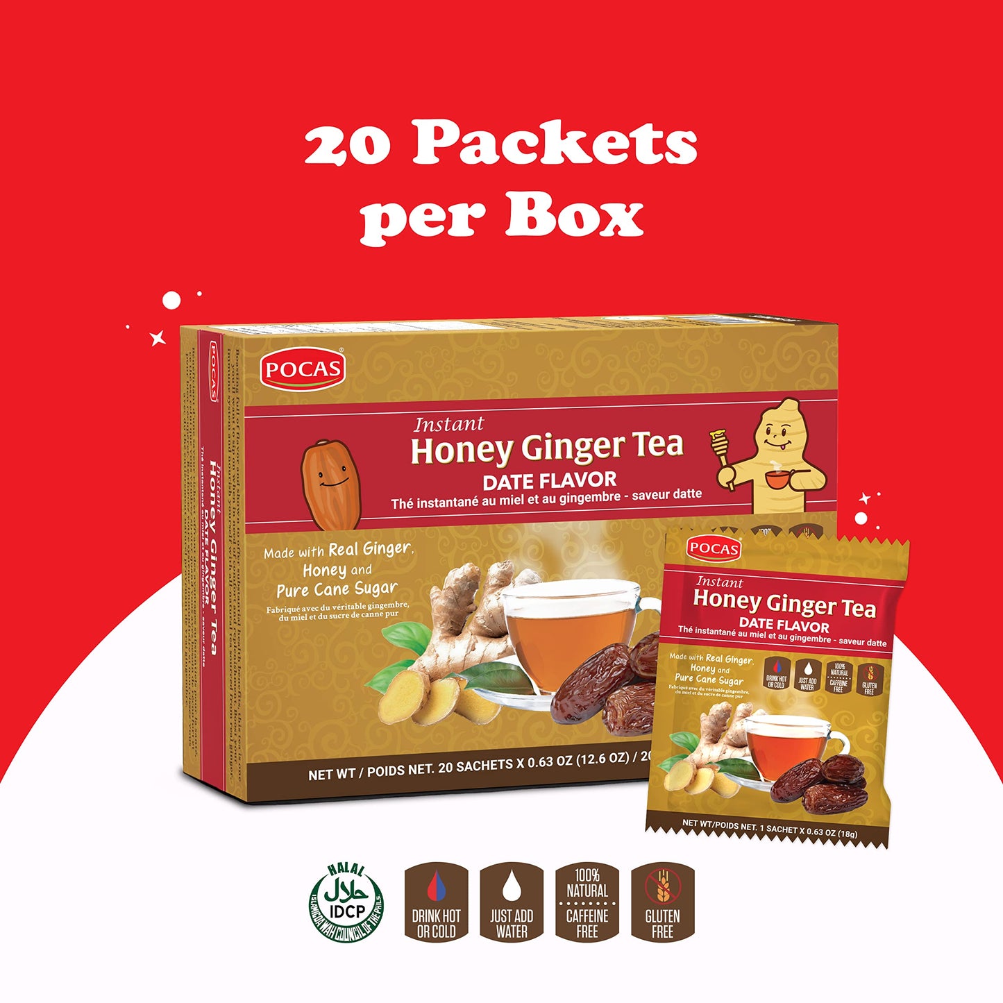 Pocas Honey Ginger Tea, 20 Count, Date Flavor, Pack of 2