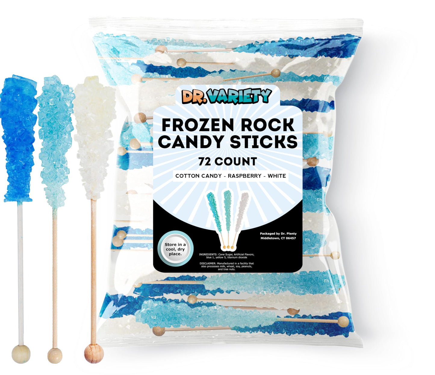 Frozen Ice Rock Candy On A Stick (72 Pack) - Bulk Individually Wrapped Pure Sugar Blue, Light Blue, And White Edible Crystal Roc