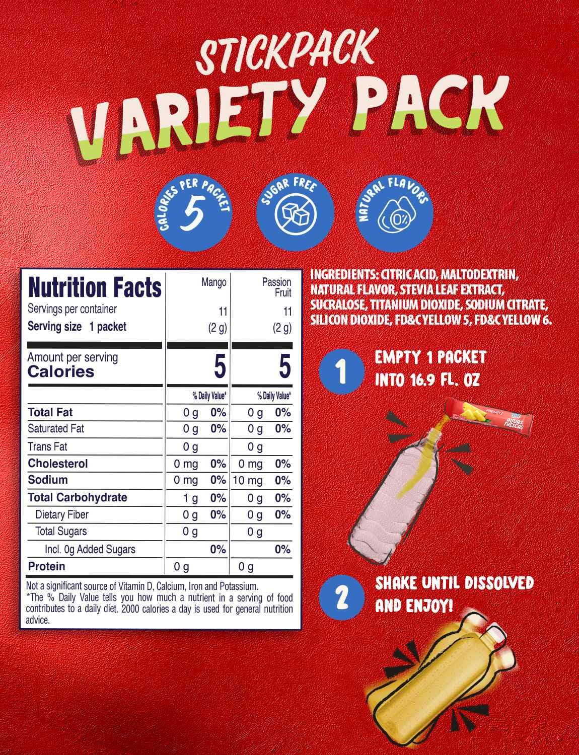 Klass Aguas Frescas Powdered Drink Mix | 44 Sugar Free Powder Packets | Flavors - Mango Watermelon Pineapple & Passionfruit - Wa