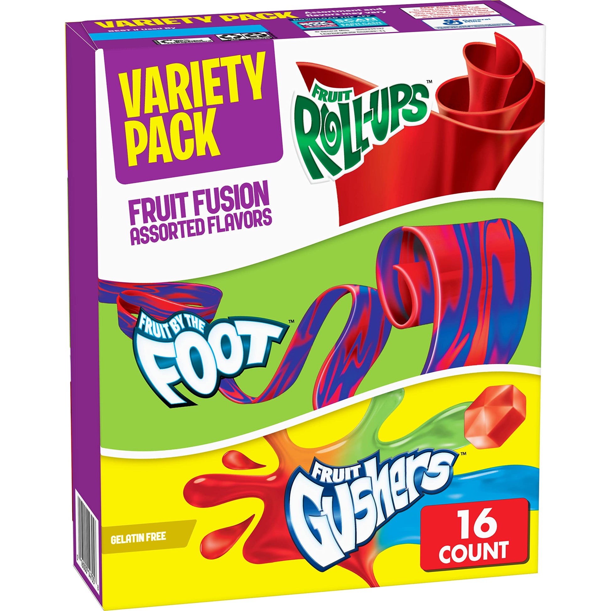 Betty Crocker Snacks Variety Pack - Fruit Roll-Ups, Fruit by the Foot, Gushers - 16 ct (Pack of 6)