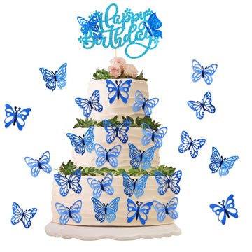 25Pcs Butterfly Cake Toppers Happy Birthday Cake Topper 3D Butterfly Birthday Cake Decorations For Baby Shower Birthday Cake Dec