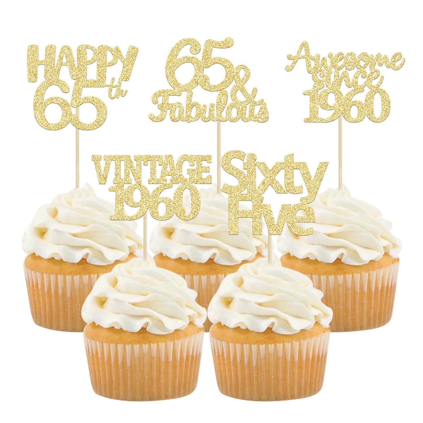 Gyufise 30Pcs Gold Glitter 65Th Birthday Cupcake Toppers Vintage 1958 Hello 65 Cake Topper Sixty Five 65 & Fabulous Cupcake Pick