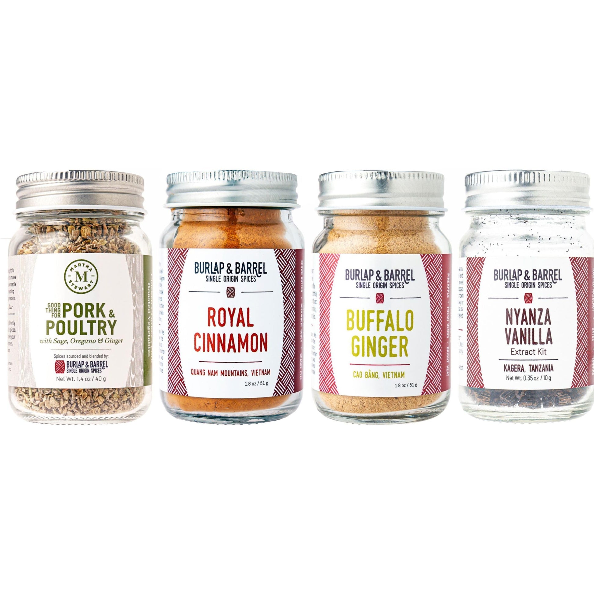 Martha Stewart 4-Spice Gift Set - Marthas Essential Baking Spices And Her Savory Pork & Poultry Seasoning - For Cooking & Baking - Cinnamon, Vanilla & More - Kitchen Gift For Cooks - 4 Full Size Jars