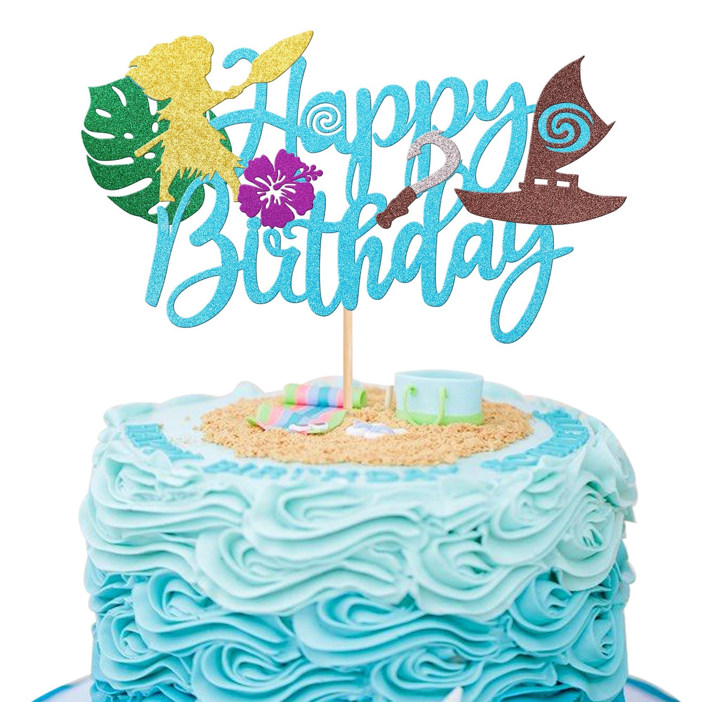 1 PCS Moana Happy Birthday Cake Topper Glitter Palm Leaf Flower Moana Cake Pick for Tropical Hawaiian Luau Theme Baby Shower Kid