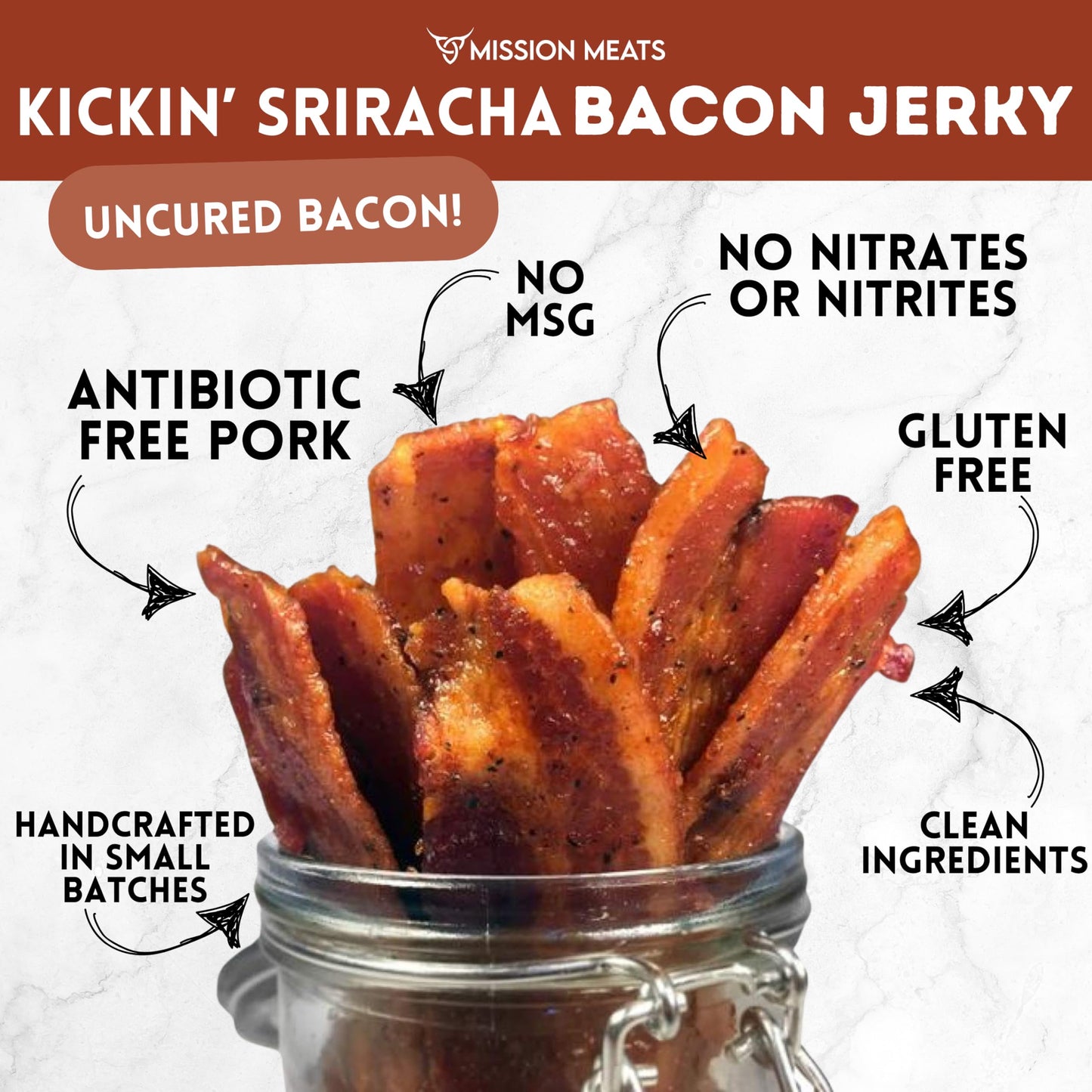 Mission Meats Candied Sriracha Bacon Jerky, Small Batch Snack, 2oz Bags, Pack of 3